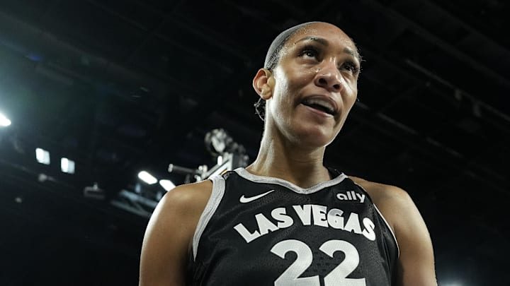 Las Vegas Aces center A'ja Wilson reacts to being fouled by the Seattle Storm during game one of the 2025 WNBA Playoffs
