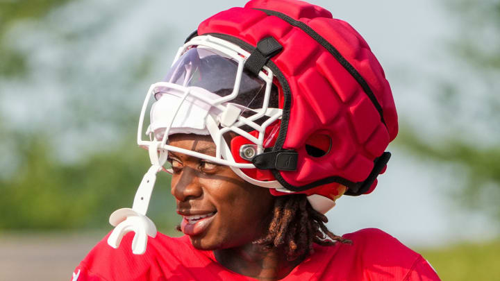 Jul 26, 2024; Kansas City, MO, USA; Kansas City Chiefs wide receiver Xavier Worthy (1) walks down the hill from the locker room to the fields prior to training camp at Missouri Western State University. Mandatory Credit: Denny Medley-USA TODAY Sports