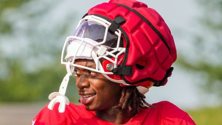 Jul 26, 2024; Kansas City, MO, USA; Kansas City Chiefs wide receiver Xavier Worthy (1) walks down the hill from the locker room to the fields prior to training camp at Missouri Western State University. Mandatory Credit: Denny Medley-USA TODAY Sports