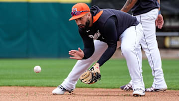 Detroit Tigers infielder Gleyber Torres works out during spring training at Joker Marchant Stadium in Lakeland, Fla. on Thursday, Feb. 20, 2025.