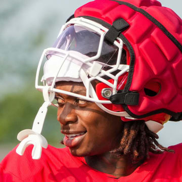 Jul 26, 2024; Kansas City, MO, USA; Kansas City Chiefs wide receiver Xavier Worthy (1) walks down the hill from the locker room to the fields prior to training camp at Missouri Western State University. Mandatory Credit: Denny Medley-USA TODAY Sports