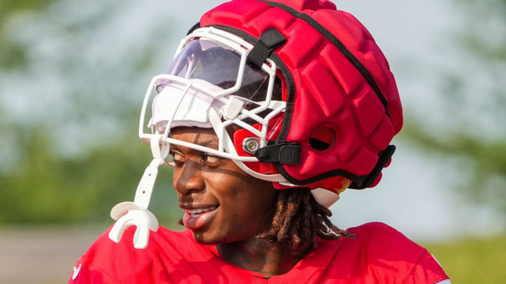 Jul 26, 2024; Kansas City, MO, USA; Kansas City Chiefs wide receiver Xavier Worthy (1) walks down the hill from the locker room to the fields prior to training camp at Missouri Western State University. Mandatory Credit: Denny Medley-USA TODAY Sports