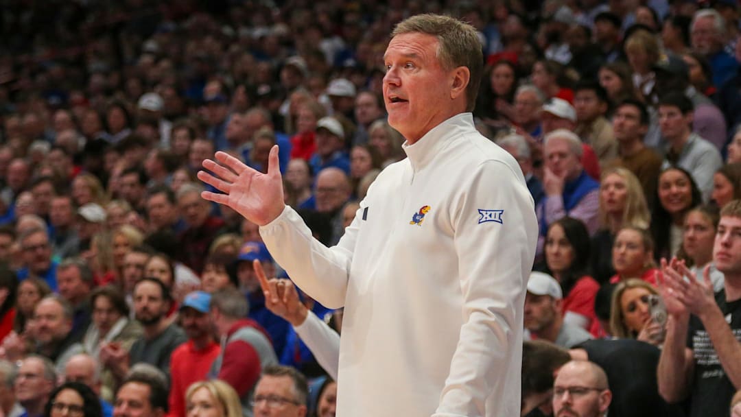 Jan 18, 2025; Lawrence, Kansas, USA; Kansas Jayhawks head coach Bill Self yells at his team during the first half against the Kansas State Wildcats at Allen Fieldhouse. Mandatory Credit: Scott Sewell-Imagn Images