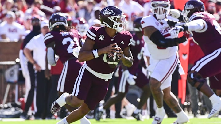 Oct 26, 2024; Starkville, Mississippi, USA; Mississippi State Bulldogs quarterback Michael Van Buren Jr. (0) looks to pass against the Arkansas Razorbacks during the first quarter at Davis Wade Stadium at Scott Field. Mandatory Credit: Matt Bush-Imagn Images