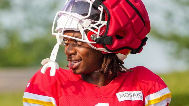 Jul 26, 2024; Kansas City, MO, USA; Kansas City Chiefs wide receiver Xavier Worthy (1) walks down the hill from the locker room to the fields prior to training camp at Missouri Western State University. Mandatory Credit: Denny Medley-USA TODAY Sports