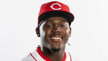 Feb 18, 2025; Goodyear, AZ, USA; Cincinnati Reds outfielder Hector Rodriguez poses for a portrait during Media Day at the Cincinnati Reds Development Complex. Mandatory Credit: Mark J. Rebilas-Imagn Images