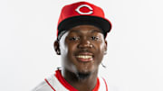 Feb 18, 2025; Goodyear, AZ, USA; Cincinnati Reds outfielder Hector Rodriguez poses for a portrait during Media Day at the Cincinnati Reds Development Complex. Mandatory Credit: Mark J. Rebilas-Imagn Images
