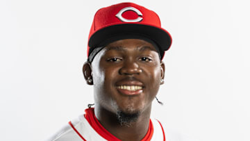 Feb 18, 2025; Goodyear, AZ, USA; Cincinnati Reds outfielder Hector Rodriguez poses for a portrait during Media Day at the Cincinnati Reds Development Complex. Mandatory Credit: Mark J. Rebilas-Imagn Images