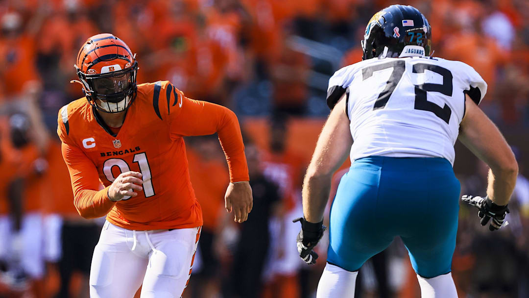 Sep 14, 2025; Cincinnati, Ohio, USA; Cincinnati Bengals defensive end Trey Hendrickson (91) plays the field against Jacksonville Jaguars offensive tackle Walker Little (72) in the second half at Paycor Stadium. Mandatory Credit: Katie Stratman-Imagn Images Sep 14, 2025; Cincinnati, Ohio, USA; Cincinnati Bengals defensive end Trey Hendrickson (91) plays the field against Jacksonville Jaguars offensive tackle Walker Little (72) in the second half at Paycor Stadium. Mandatory Credit: Katie Stratman-Imagn Images