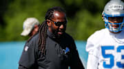 Detroit Lions linebackers coach Kelvin Sheppard watches practice during rookie minicamp at Detroit Lions practice facility 