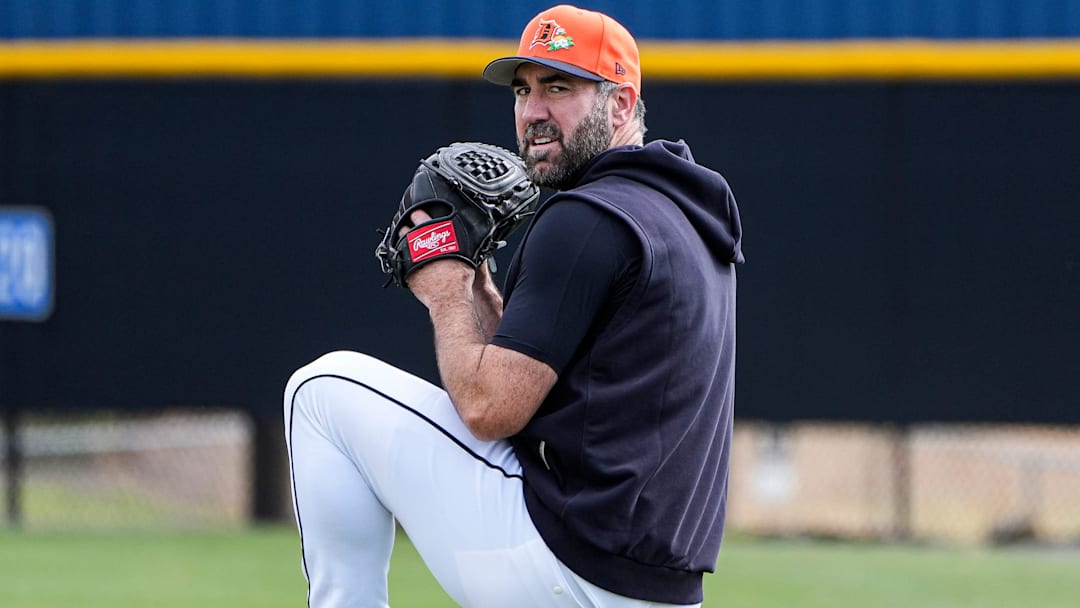 Detroit Tigers pitcher Justin Verlander practices during spring training at TigerTown in Lakeland, Fla. on Tuesday, Feb. 17, 2026.