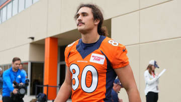 Jul 28, 2022; Englewood, CO, USA; Denver Broncos tight end Greg Dulcich (80) during training camp at the UCHealth Training Center. 