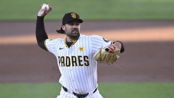 Jun 24, 2024; San Diego, California, USA; San Diego Padres starting pitcher Matt Waldron (61) pitches against the Washington Nationals during the first inning at Petco Park.