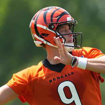 Jun 10, 2025; Cincinnati, OH, USA; Cincinnati Bengals quarterback Joe Burrow (9) throw during practice at Paycor Stadium. Mandatory Credit: Kareem Elgazzar-Imagn Images