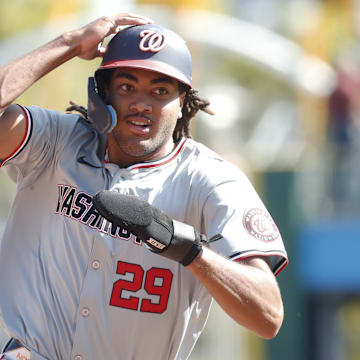 Sep 8, 2024; Pittsburgh, Pennsylvania, USA;  Washington Nationals left fielder James Wood (29) runs from first base to third base against the Pittsburgh Pirates during the ninth inning at PNC Park. Pittsburgh won 7-3.