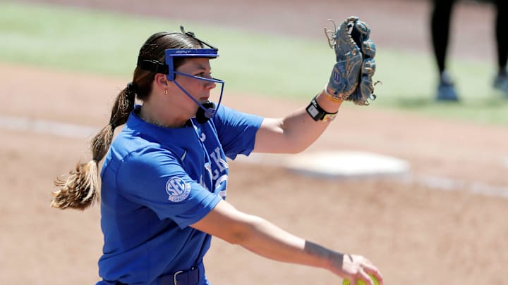 Kentucky Stephanie Schoonover (23) pitches during a softball game between the Oklahoma State Cowgirls and Kentucky in the Stillwater Regional of the NCAA Tournament, Saturday, May 18, 2024. Oklahoma State qwon 6-2.
