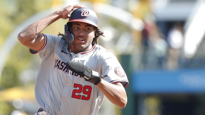 Sep 8, 2024; Pittsburgh, Pennsylvania, USA;  Washington Nationals left fielder James Wood (29) runs from first base to third base against the Pittsburgh Pirates during the ninth inning at PNC Park. Pittsburgh won 7-3.