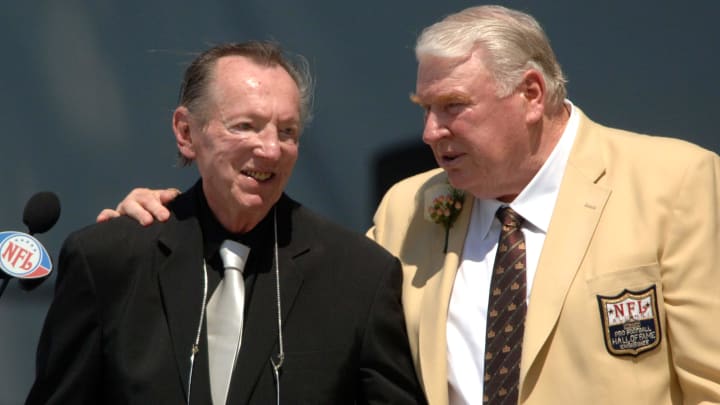 Aug 5, 2006; Canton, CA, USA; Oakland Raiders owner Al Davis (left) and former coach John Madden (right) at the 2006 Pro Football Hall of Fame Enshrinement at Fawcett Stadium. Mandatory Credit: Kirby Lee/Image of Sport-USA TODAY Sports