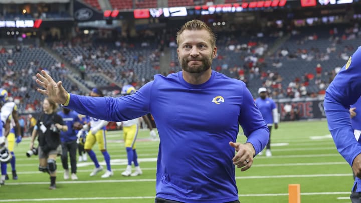 Aug 24, 2024; Houston, Texas, USA; Los Angeles Rams head coach Sean McVay waves to fans before the game against the Houston Texans at NRG Stadium. Mandatory Credit: Troy Taormina-USA TODAY Sports