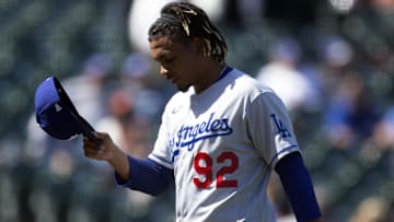 May 23, 2021; San Francisco, California, USA; Los Angeles Dodgers pitcher Edwin Uceta (92) walks off the field after being pulled for a reliever during the eighth inning against the San Francisco Giants at Oracle Park. Mandatory Credit: D. Ross Cameron-Imagn Images