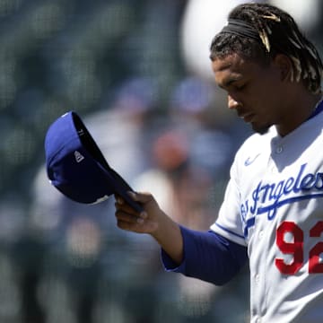 May 23, 2021; San Francisco, California, USA; Los Angeles Dodgers pitcher Edwin Uceta (92) walks off the field after being pulled for a reliever during the eighth inning against the San Francisco Giants at Oracle Park. Mandatory Credit: D. Ross Cameron-Imagn Images