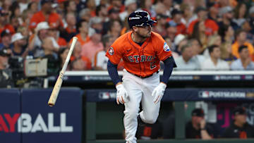 Oct 2, 2024; Houston, Texas, USA; Houston Astros third base Alex Bregman (2) runs after hitting a single against the Detroit Tigers during the second inning of game two of the Wildcard round for the 2024 MLB Playoffs at Minute Maid Park. Mandatory Credit: Thomas Shea-Imagn Images