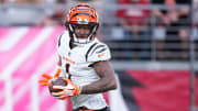 Oct 8, 2023; Glendale, Arizona, USA; Cincinnati Bengals wide receiver Ja'Marr Chase (1) scores a touchdown against the Arizona Cardinals during the second half at State Farm Stadium. Mandatory Credit: Joe Camporeale-USA TODAY Sports