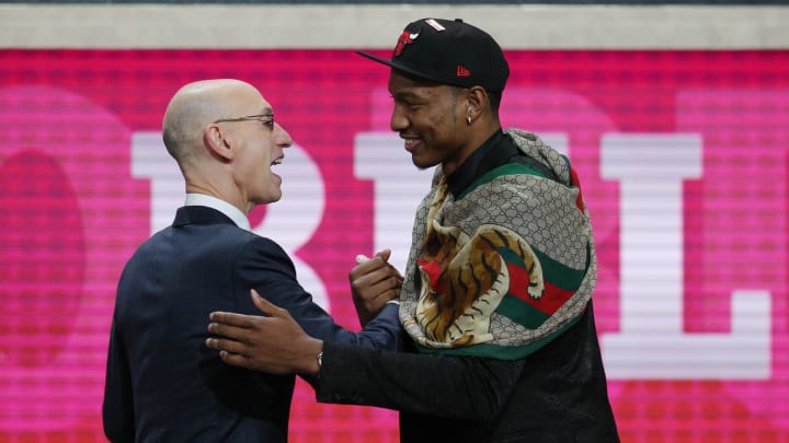 Jun 21, 2018; Brooklyn, NY, USA; Wendell Carter, Jr. (Duke) greets NBA commissioner Adam Silver after being selected as the number seven overall pick to the Chicago Bulls in the first round of the 2018 NBA Draft at the Barclays Center. Mandatory Credit: Brad Penner-USA TODAY Sports