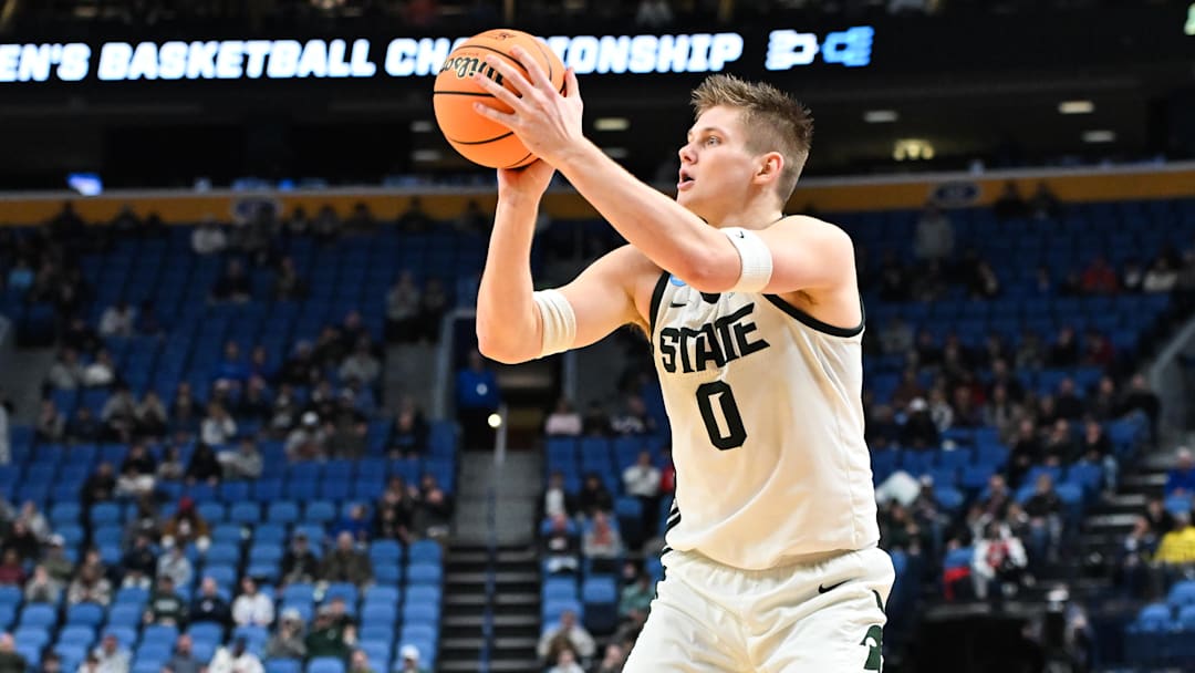 Mar 19, 2026; Buffalo, NY, USA; Michigan State Spartans forward Jaxon Kohler (0) takes a shot during the second half against the North Dakota State Bison during a first round game of the men's 2026 NCAA Tournament at Keybank Center.