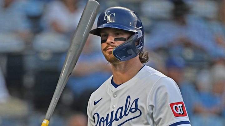 Sep 2, 2025; Kansas City, Missouri, USA;  Kansas City Royals shortstop Bobby Witt Jr. (7) walks back to the dugout after being called out on strikes in the first inning against the Los Angeles Angels at Kauffman Stadium. Mandatory Credit: Peter Aiken-Imagn Images