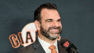 Dec 12, 2024; San Francisco, CA, USA; San Francisco Giants general manager Zack Minasian reacts during the introductory press conference for shortstop Willy Adames (not pictured) at Oracle Park.   Mandatory Credit: Robert Edwards-Imagn Images