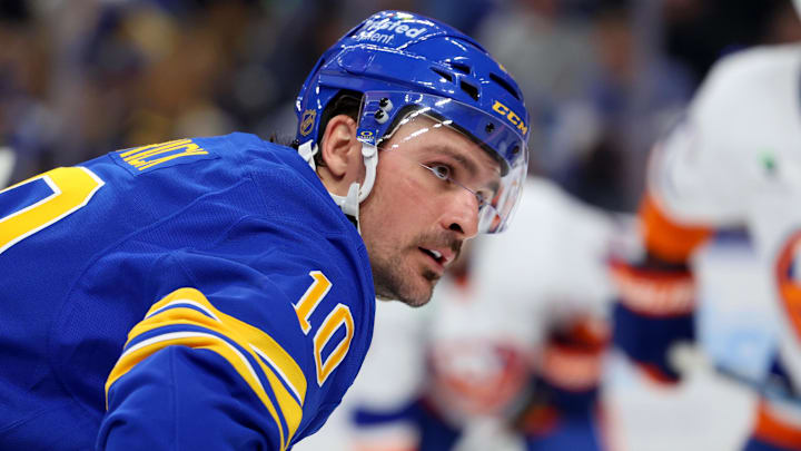 Mar 31, 2026; Buffalo, New York, USA;  Buffalo Sabres center Sam Carrick (10) waits for the face-off during the second period against the New York Islanders at KeyBank Center. Mandatory Credit: Timothy T. Ludwig-Imagn Images