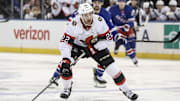 Nov 1, 2024; New York, New York, USA; Ottawa Senators right wing Michael Amadio (22) controls the puck in the first period against the New York Rangers at Madison Square Garden. Mandatory Credit: Wendell Cruz-Imagn Images