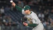 Apr 25, 2024; Bronx, New York, USA; Oakland Athletics relief pitcher Mason Miller (19) delivers a pitch during the eighth inning against the New York Yankees at Yankee Stadium