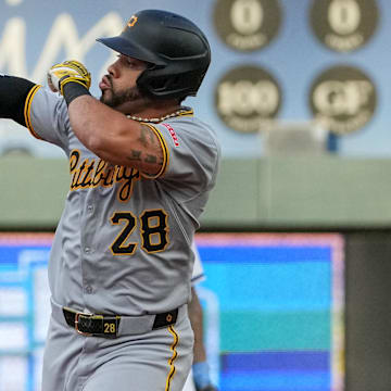 Jul 7, 2025; Kansas City, Missouri, USA; Pittsburgh Pirates left fielder Tommy Pham (28) celebrates while running the bases after hitting a two run home run against the Kansas City Royals during the second inning at Kauffman Stadium. Mandatory Credit: Denny Medley-Imagn Images