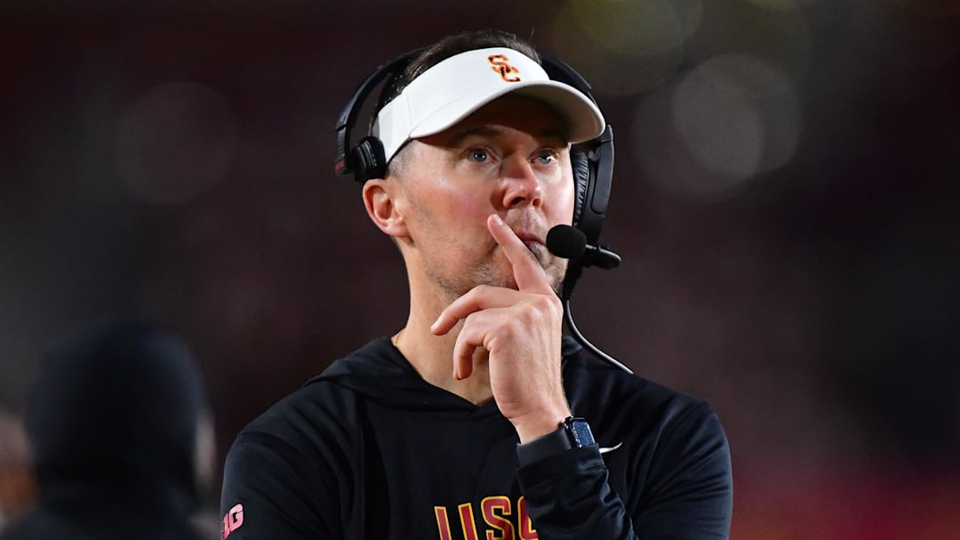 Nov 7, 2025; Los Angeles, California, USA; Southern California Trojans head coach Lincoln Riley watches game action against the Northwestern Wildcats during the second half at the Los Angeles Memorial Coliseum. Mandatory Credit: Gary A. Vasquez-Imagn Images