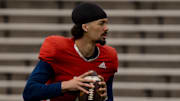 UTEP sophomore quarterback Malachi Nelson looks to pass the ball during spring practice at the Sun Bowl