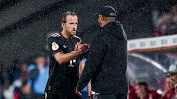 Bayern Munich star Harry Kane alongside Vincent Kompany during the 4-1 win against FC Koln in the second round of the DFB Pokal.