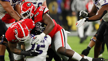 Max Duggan returns: Georgia defensive lineman Mykel Williams (13) and Georgia defensive lineman Bear Alexander (99) sack TCU quarterback Max Duggan (15) during the first half of the NCAA College Football National Championship game in 2023.