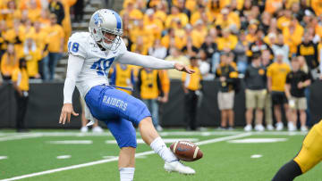 Sep 28, 2019; Iowa City, IA, USA; Middle Tennessee Blue Raiders punter Kyle Ulbrich (48) in action against the Iowa Hawkeyes at Kinnick Stadium. Mandatory Credit: Jeffrey Becker-USA TODAY Sports