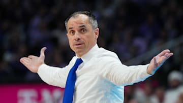 Drake Bulldogs head coach Ben McCollum reacts during the second half against the Kansas State Wildcats at T-Mobile Center. Mandatory Credit: