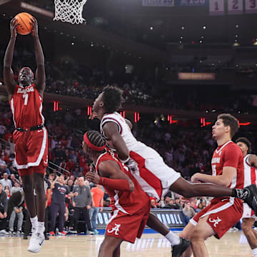 Nov 8, 2025; New York, New York, USA;  Alabama Crimson Tide forward Taylor Bol Bowen (7) grabs a rebound in the second half against the St. John's Red Storm at Madison Square Garden. 
