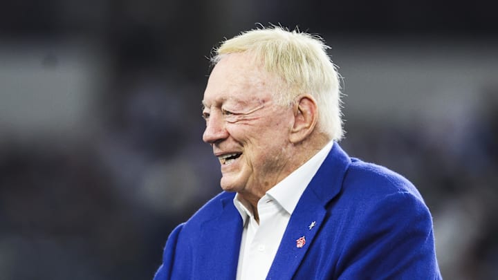 Dec 21, 2025; Arlington, Texas, USA; Dallas Cowboys owner Jerry Jones stands on the field during pregame warmups against the Los Angeles Chargers at AT&T Stadium. Mandatory Credit: Kevin Jairaj-Imagn Images