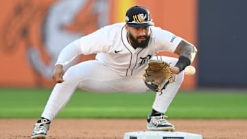 Oct 8, 2025; Detroit, Michigan, USA; Detroit Tigers second baseman Gleyber Torres (25) prepares to turn a double play against the Seattle Mariners in the eighth inning during game four of the ALDS round for the 2025 MLB playoffs at Comerica Park. Mandatory Credit: Lon Horwedel-Imagn Images