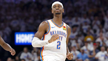 Jun 5, 2025; Oklahoma City, Oklahoma, USA; Oklahoma City Thunder guard Shai Gilgeous-Alexander (2) reacts to making a basket against the Indiana Pacers during the third quarter during game one of the 2025 NBA Finals at Paycom Center. Mandatory Credit: Alonzo Adams-Imagn Images