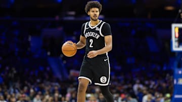 Oct 16, 2024; Philadelphia, Pennsylvania, USA; Brooklyn Nets forward Cameron Johnson (2) in action against the Philadelphia 76ers at Wells Fargo Center. Mandatory Credit: Bill Streicher-Imagn Images
