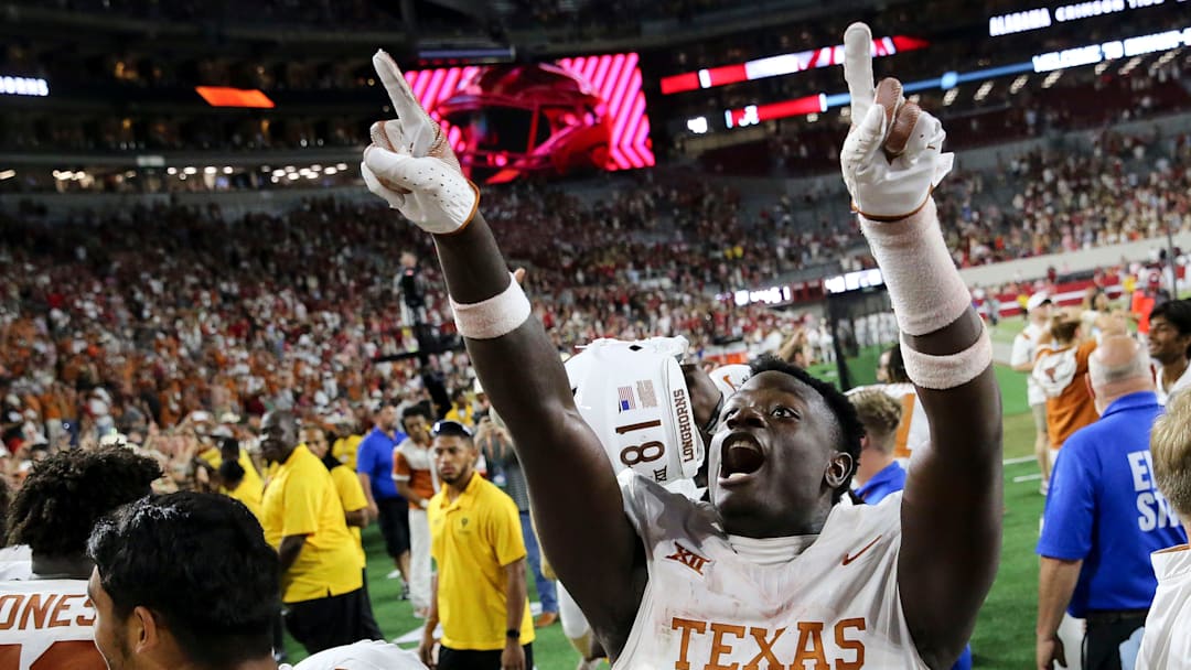 Sep 9, 2023; Tuscaloosa, Alabama, USA; Texas Longhorns defensive back Ryan Watts (6) celebrates at Bryant-Denny Stadium. Texas defeated Alabama 34-24.
