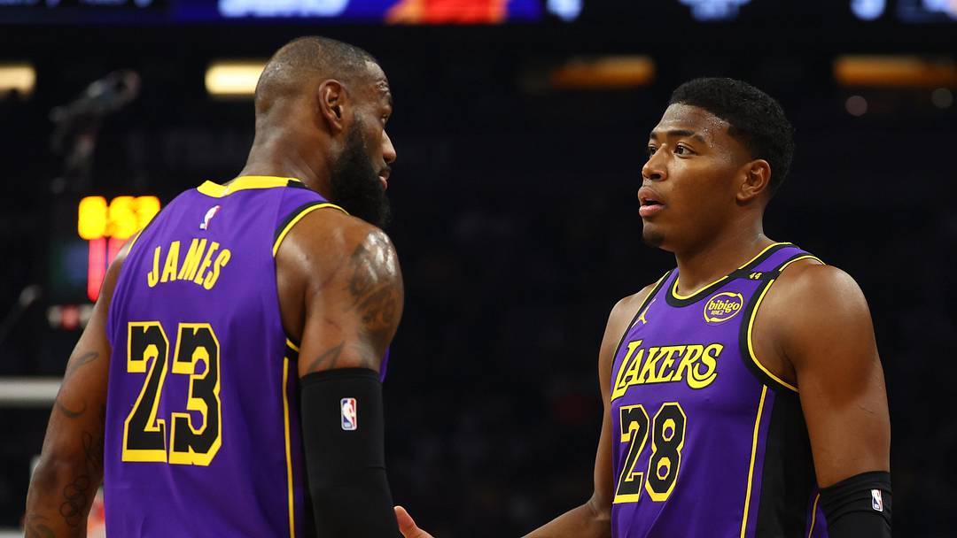 Oct 28, 2024; Phoenix, Arizona, USA; Los Angeles Lakers forward Rui Hachimura (28) with forward LeBron James (23) against the Phoenix Suns at Footprint Center. Mandatory Credit: Mark J. Rebilas-Imagn Images Oct 28, 2024; Phoenix, Arizona, USA; Los Angeles Lakers forward Rui Hachimura (28) with forward LeBron James (23) against the Phoenix Suns at Footprint Center. Mandatory Credit: Mark J. Rebilas-Imagn Images