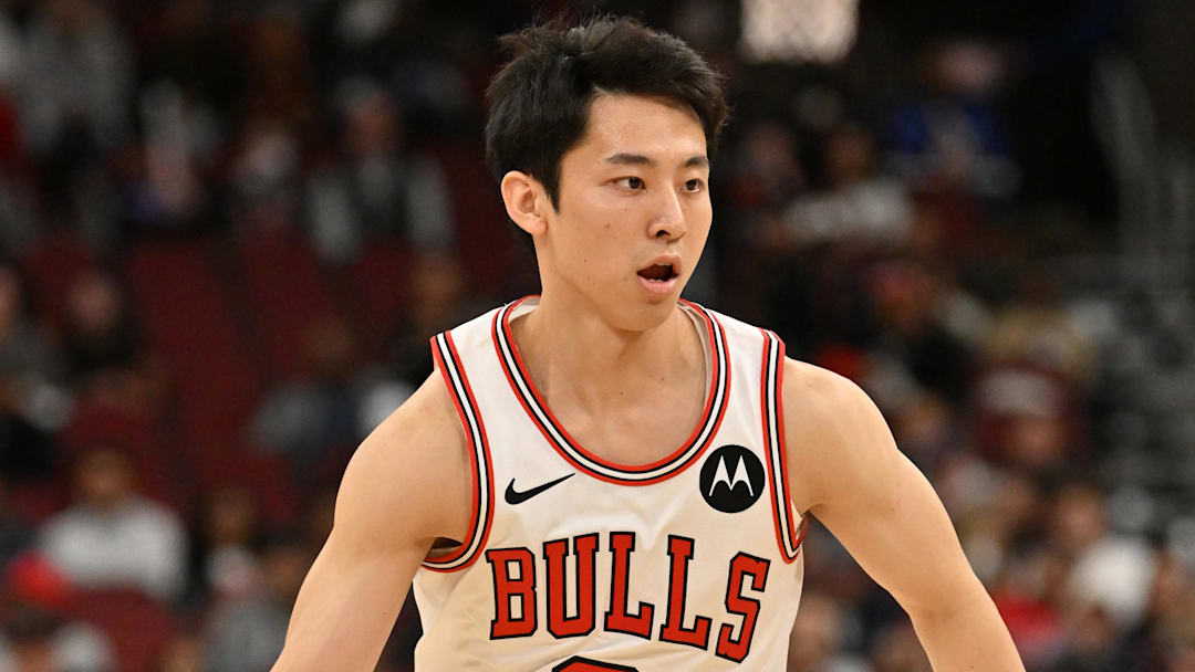 Oct 9, 2025; Chicago, Illinois, USA; Chicago Bulls guard Yuki Kawamura (8) controls the ball against the Cleveland Cavaliers during the second half at United Center.