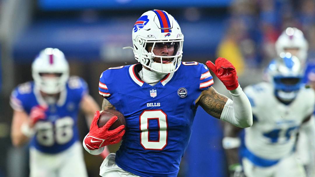 Sep 17, 2026; Orchard Park, New York, USA;  Buffalo Bills wide receiver Keon Coleman (0) runs against the Detroit Lions during the first half at New Highmark Stadium.  